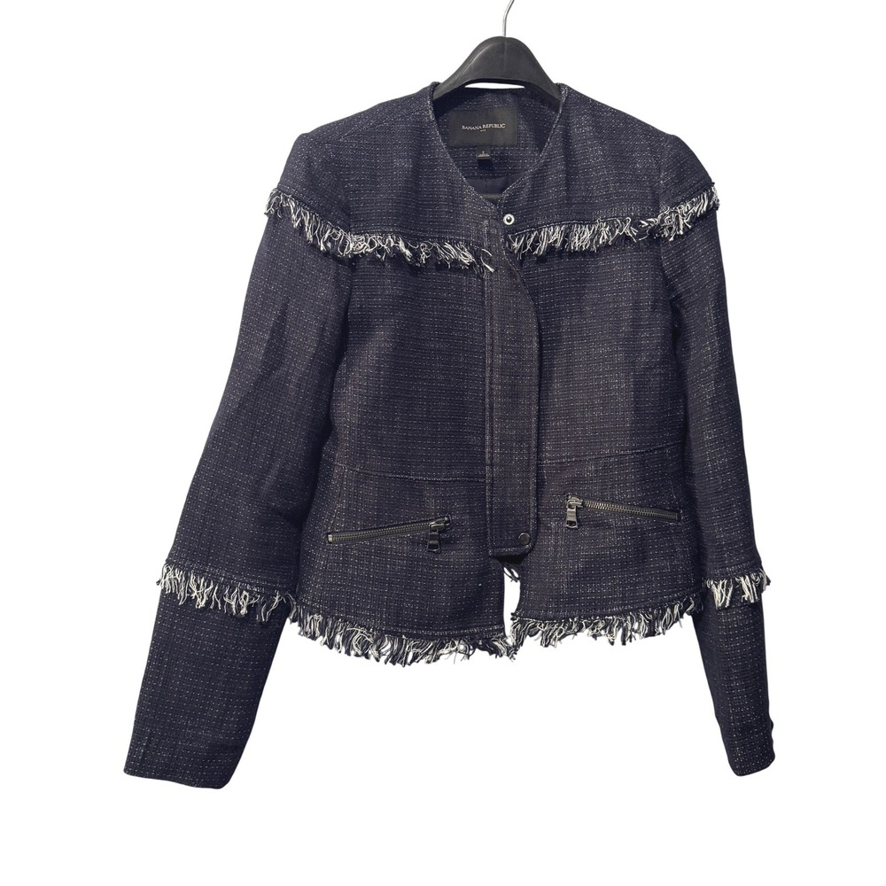 Banana‎ Republic Navy Blue Cotton Linen Tweed Fringe Moto Jacket Womens Size 2